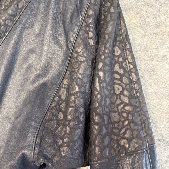 Vtg Oscar Leopold Deep Navy Animal Print Panels Retro Genuine Leather Jacket P/S - Picture 5 of 11